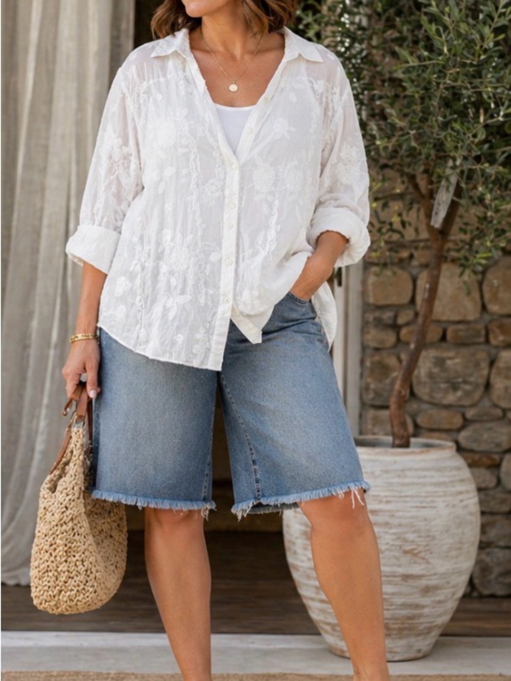 Penningtons White Embroidered Blouse – Size 28 (Fits up to ~5X)